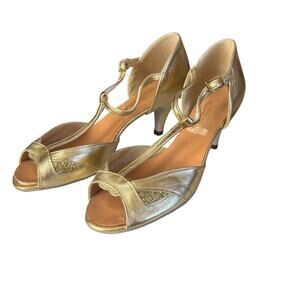 Freed of London Gold Dance Open Toe Shoes Strappy Heels Size 8 US 9.5 / 10